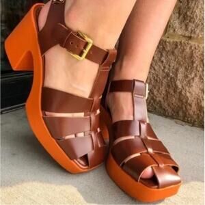 Free People Pacific Leather Fisherman Platform Sandals Luggage Brown Boho Sz 40